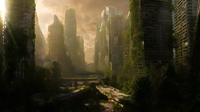 Nature Reclaims a Lost World Serene Abandoned Megacity Futuristic Landscape of Overgrown Ruins