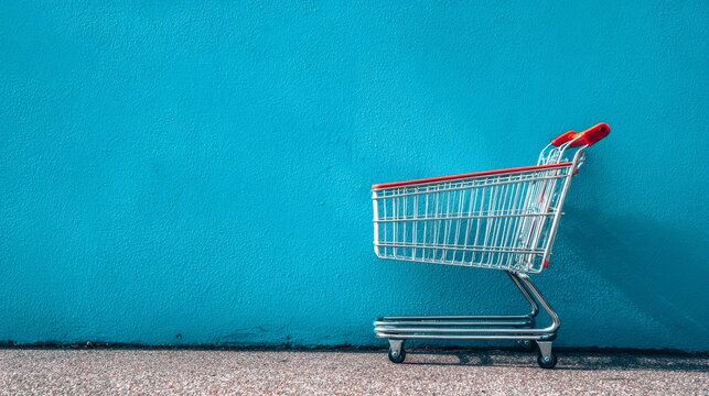 Shopping cart placed on vibrant blue background symbolizing online shopping, retail purchasing, e commerce concept, consumer buying behavior, sale season marketing, minimal studio composition with cop