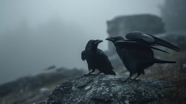 Two Ravens Cawing on a Rocky Hill in Thick Fog