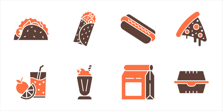 Street food and takeaway meal icon vector set taco burrito pizza slice drink milkshake juice packaging illustration