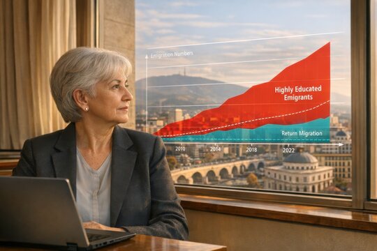 Senior Official Analyzing Holographic Brain Drain Emigration Chart Showing Highly Educated Emigrant Surge Against City Skyline