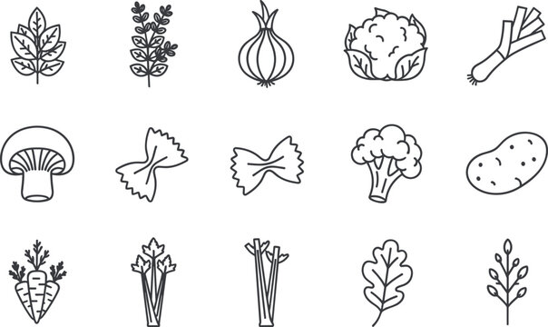 Hand-Drawn Vegetables, Herbs, and Pasta Vector Icons Including Onion, Carrot, Garlic, Broccoli, and More for Healthy Eating, Organic Food, and Culinary Designs