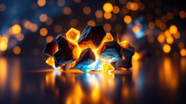 Abstract crystal formation glows, vibrant orange, blue hues. Dramatic lighting creates intense reflections, dark background.