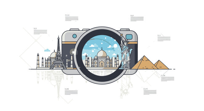 Illustration of a camera with iconic landmarks including the Taj Mahal and Pyramids of Giza in its lens on a white background with a blue sky.