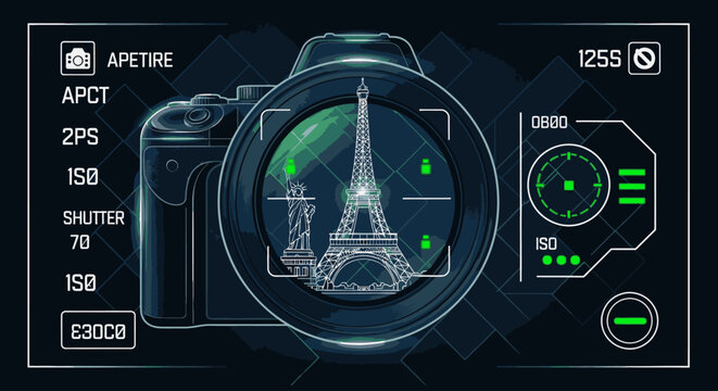 A digital illustration of a camera viewfinder displaying the Eiffel Tower with technical settings and interface elements on a dark background.