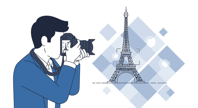 Illustration of a man taking a photo of the Eiffel Tower with a camera against a geometric patterned background.