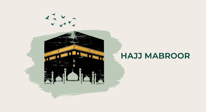 Stylized illustration of the Kaaba, the holy site of Islamic pilgrimage, with birds soaring above, representing a blessed spiritual journey