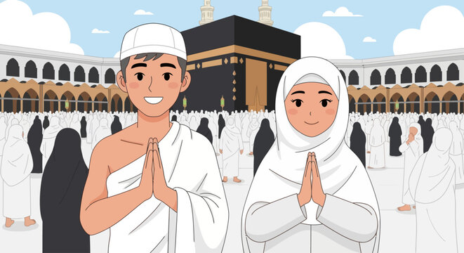 Muslim couple in ihram at Kaaba, performing Hajj pilgrimage