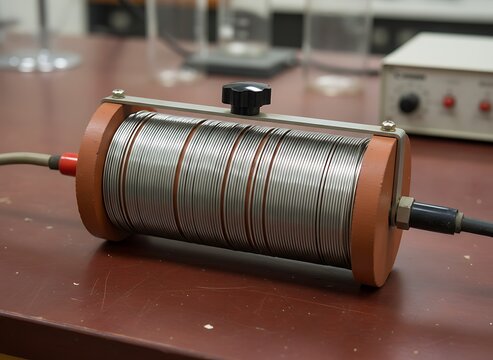 Inductor coil with copper wire winding on wooden core for electrical engineering and physics laboratory experiment