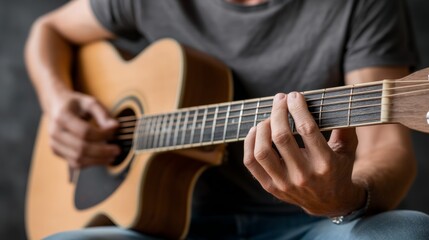 Obraz premium Close-Up of Acoustic Guitar Player Adjusting Tuning Pegs for Perfect Sound