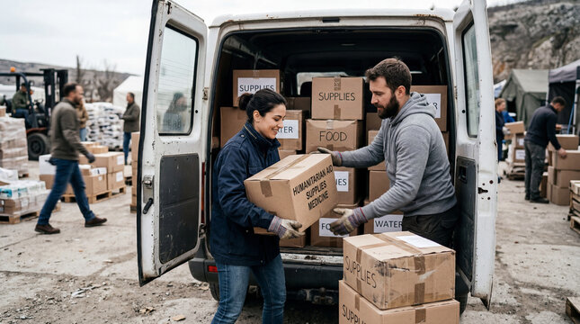 Volunteers distribute supplies in a relief effort at a disaster site during the day