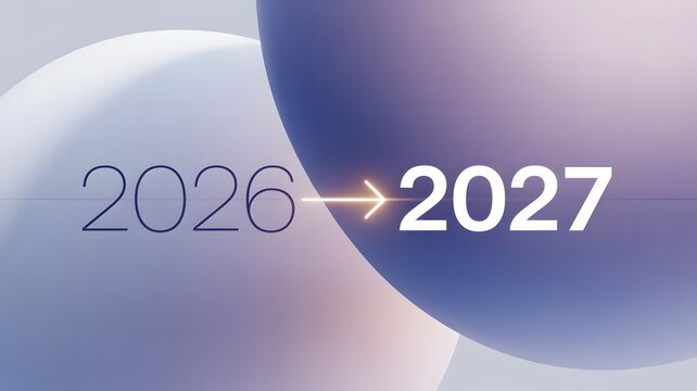 Transition from "2026" to "2027" with Glowing Arrow on Abstract 3D Spheres Background