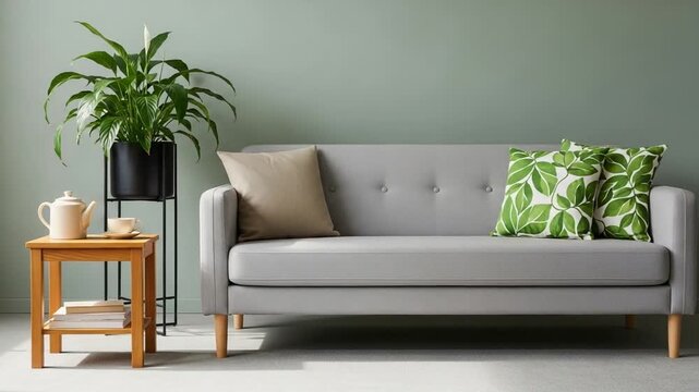 Modern minimalist living room interior, gray fabric sofa with green tropical leaf pillows. Cozy home decor scene with wooden side table, houseplants, bright wall background