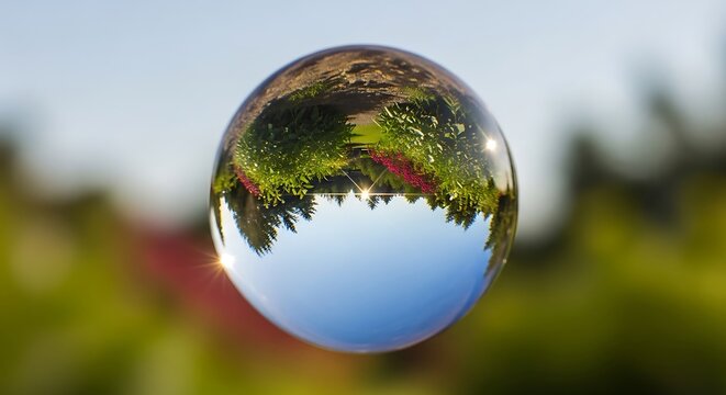 Crystal glass ball refracting inverted landscape of green bushes and flowers during sunny day with beautiful lens flare and bokeh background