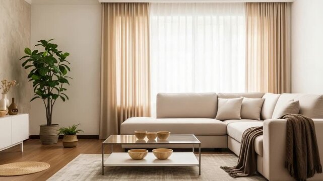 Modern neutral living room interior, beige sofa and cushions near large window with sheer curtains. Cozy minimalist home decor with coffee table, rug, houseplant, real estate staging