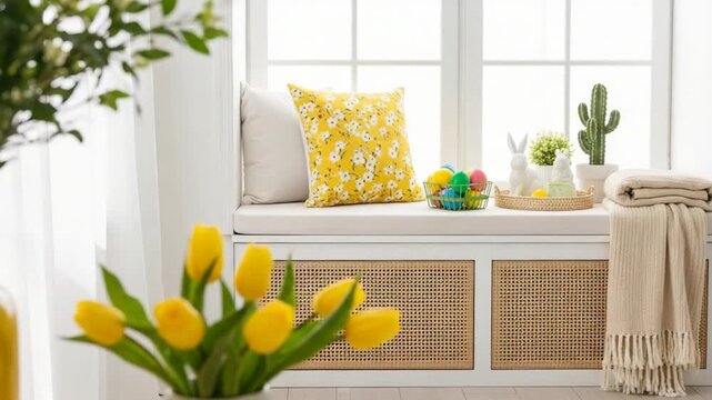 Cozy sunny window seat interior, yellow tulips and spring decor by bright window, modern home living room nook with cushions, plant accents and warm natural light