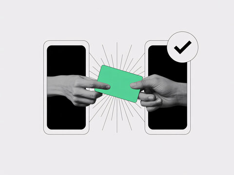 A hand holding a green card is being transferred between two smartphones with a checkmark in the corner