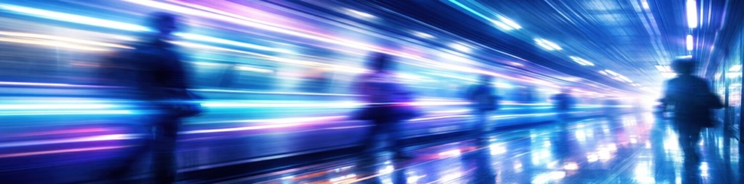 People moving fast through futuristic subway station with neon light trails, motion blur effect, urban transportation, high speed, technology, future, digital city, connectivity, transit