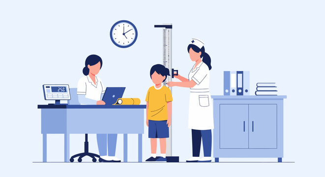 Pediatric Health Check-Up Vector: Nurses Measuring Child's Growth, Height, and Weight in a Modern Medical Office Clinic