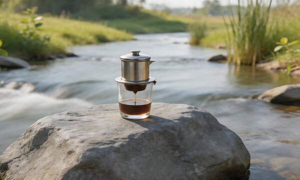 Traditional phin coffee brewing Aromatic coffee drips into a glass cup, set on a rock by a flowing river. Lush green nature surrounds this peaceful outdoor scene, creating a serene moment