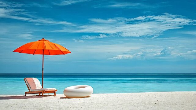 Beach with lounge chair and umbrella