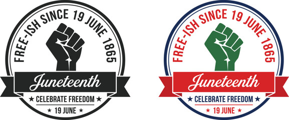 Obraz premium Juneteenth celebrate freedom badges with fists and ribbons on white background