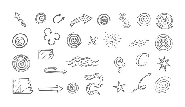 Collection of hand drawn doodle including arrows spirals and stars wave circle