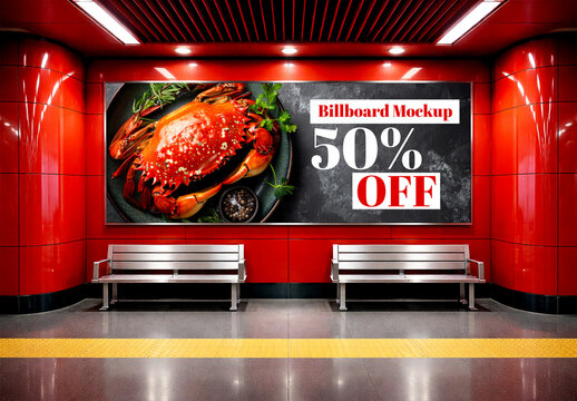 Subway Station Billboard Mockup with Seafood Restaurant Promotion
