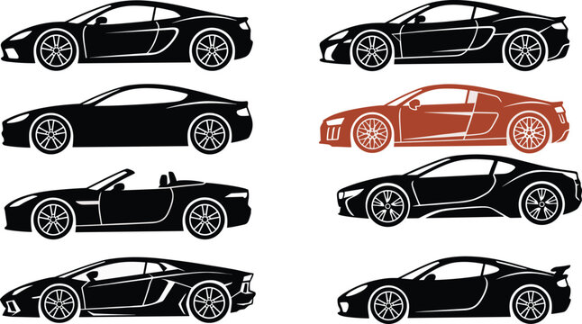 Collection of Luxury Performance Sports Car Silhouette Vector Illustrations Featuring Sleek Exotic Supercars Convertible Profiles and Modern Automotive Racing Concepts for High End Branding Projects.