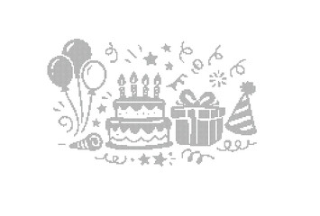 Naklejka premium Hand-drawn birthday celebration doodle, festive party elements with cake and balloons, whimsical anniversary vector illustration, grey line art icons