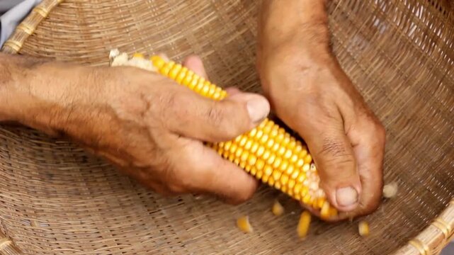 corn kernel Grains in Hands the grain for suitability for planting. Countryside soil. Close up farmer scooping corn kernels in basket, plantations