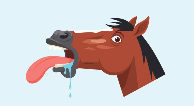 Close up profile of a horse head with its mouth wide open, long red tongue hanging out and blue drool dripping for a funny expression.