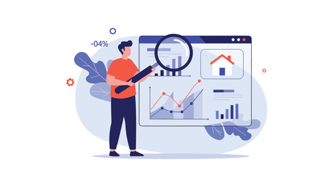 Professional man standing and using a magnifying glass to examine real estate data and house market statistics for financial growth.