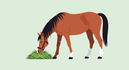 Fototapeta premium Realistic flat illustration of a brown horse with white markings peacefully grazing on a pile of green grass on a light background.