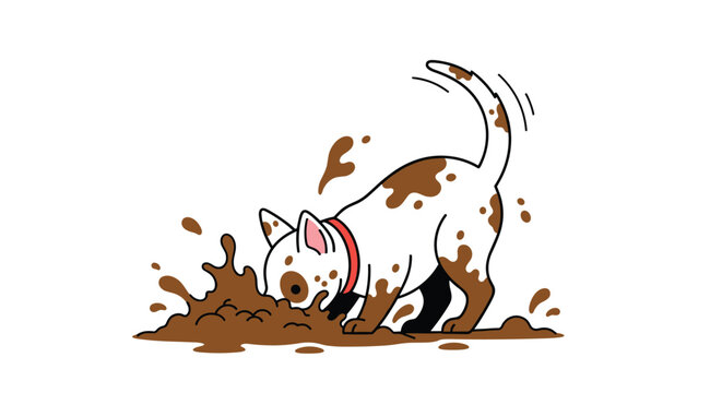 Playful white dog with a red collar jumps into a pile of mud and creates large splashes of brown dirt everywhere.