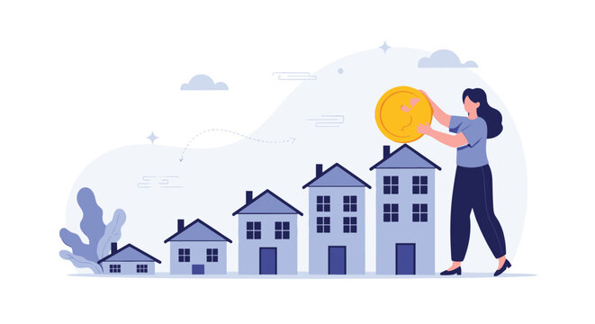 Businesswoman places a large gold coin onto the roof of the tallest house in a row of increasing sized blue buildings.