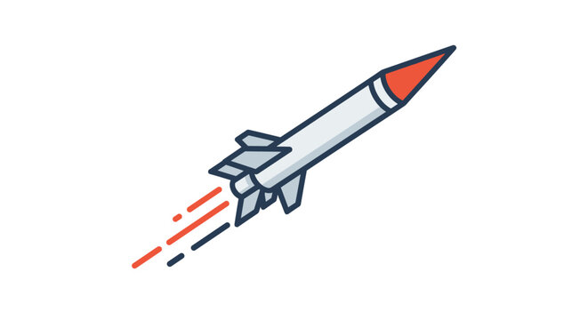 Sleek modern rocket with a red nose cone launches into the air leaving a trail of orange and blue fire behind it.