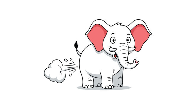 Funny cartoon elephant with large pink ears stands and passes gas which is depicted as a small white cloud behind it.