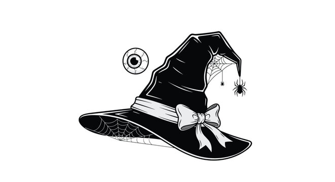 Classic black witch hat with a white ribbon and bow features spider webs and a hanging spider and a nearby eyeball.