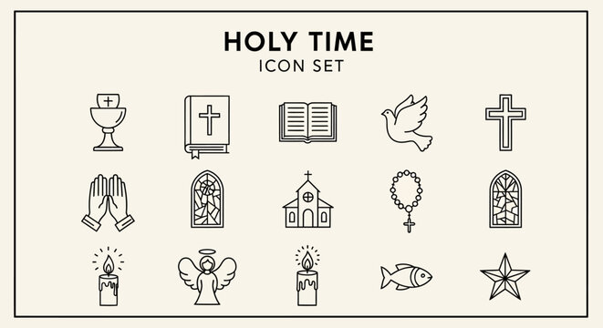 A versatile collection of divine Christian religious symbols, spirituality, and faith-based elements in a clean line art style, ideal for church designs and spiritual concepts