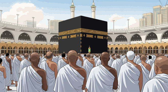 Muslims in Ihram attire gathered around the Kaaba in Mecca, performing the Hajj pilgrimage