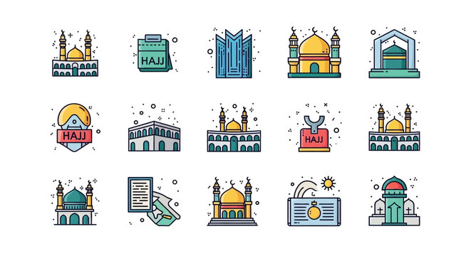 Collection of Islamic icons and symbols, representing Hajj pilgrimage and mosque architecture