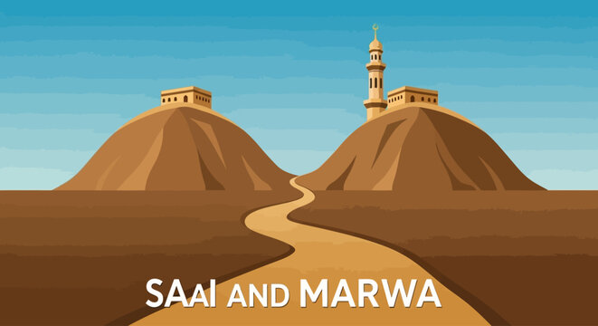 A scenic illustration of the hills of Safa and Marwah, with ancient structures and a path leading between them under a clear sky
