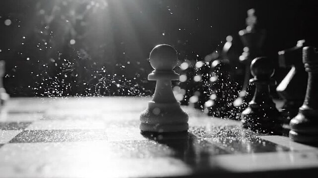 A white pawn stands ready for battle on a classic black and white chessboard, bathed in a strong, dramatic shaft of light.