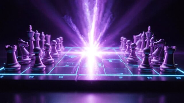 Illuminated purple and blue lines define a sleek, modern digital chessboard with shadowy chess pieces awaiting a strategic match.