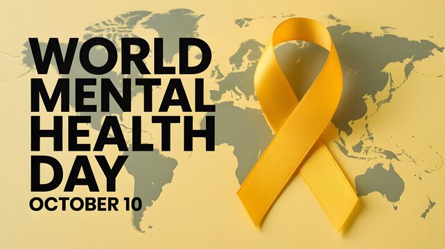 World Mental Health Day "October 10" Banner with Yellow Awareness Ribbon and World Map
