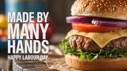 A Delicious Burger on a Wooden Surface, Celebrating Labor Day with a "Made by Many Hands" Message
