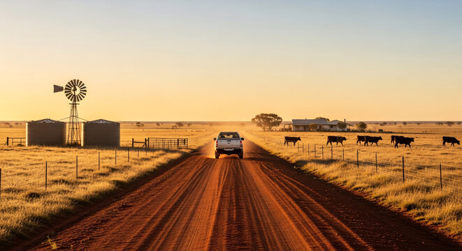 Utility truck driving along a red dirt farm road past windmill, water tanks and cattle at golden hour