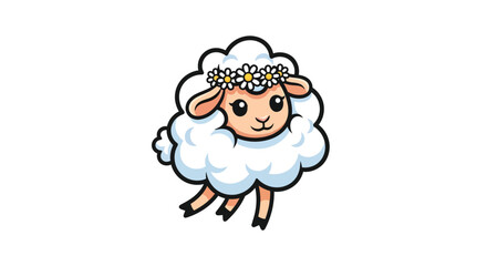 Fototapeta premium A cartoon sheep wearing a flower crown on a white background