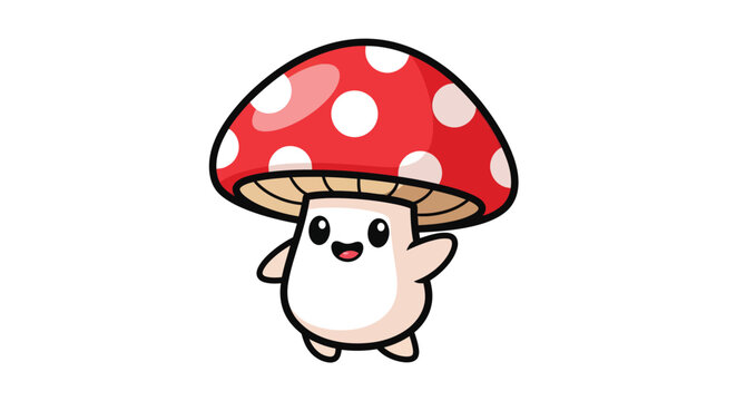 A cartoon mushroom character with a red cap and white spots is smiling and standing on a plain background